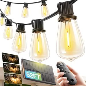 addlon 54(48+6) FT Solar String Lights Waterproof,Patio Lights Solar Powered with Remote & USB Port 15+1 LED Shatterproof Bulbs 3 Light Modes, Dimmable Solar Light for Camping Backyard Garden