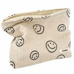 Corduroy Makeup Bag Large with Cute Smile Face Pattern,KQueenest Aesthetic Women Handbags Portable Toiletry Bag Travel Cosmetic Bag Storage Makeup Organizer for Women Girls (Beige)