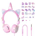 Tnoie Unicorn Kids Headphones For Girls Children Teens, Wired Over Ear Headphones With Adjustable Headband And Mic, 3.5Mm Jack And Tangle-Free Cord For School Xmas Unicorn Gift (Pink)