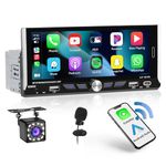 Hikity Single DIN Car Stereo Wireless CarPlay and Android Auto, 6.9 Inch Touchscreen Car Radio with Bluetooth 5.1/FM/Dual USB Ports/Type-C + Backup Camera+Remote Control+MIC