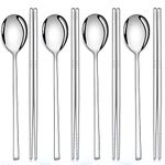 AOOSY 4 Pairs Chopsticks and 4 Spoons Set Korean Stainless Steel Chopsticks Spoons, Kitchen Reusable Metal Flat Long Handle Chopstick Spoon Set for Home, Kitchen or Restaurant