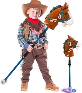 Stick horse for kids ages 4-12, Hobby horse on a stick adjustable 30-52" with Illuminated Silent Wheels Comfortable sponge wrapped complimentary AA batteries realistic horse neighs. (brown-blue)