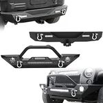 LEDKINGDOMUS Front& Rear Bumper Compatible with 07-18 Jeep Wrangler JK& Unlimited, Built-in 90W LED Light Bar w/ 2 60W Fog Light, Winch Plate and D-rings Rear Bumper w/ 2 LED & Hitch Receiver