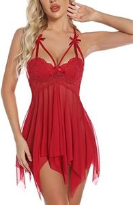 Donnalla Women Sexy Lace Lingerie Babydoll Chemise Boudoir Outfits Sleepwear, Wine Red, Medium