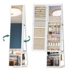 Hzuaneri 16 LEDs Jewelry Cabinet Armoire, 63"H Standing Jewelry Organizer with 360° Rotating Base, Lockable Full-length Mirror, 4-tier Storage Shelves, 4-in-1 design, White and Beige JC16003BE