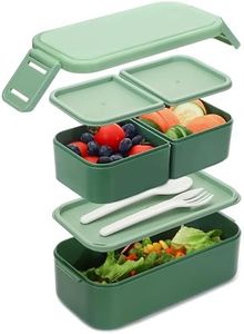 Bugucat Lunch Box 1300ML, 2 Strati Porta Pranzo con 3 Scomparti, Contenitore Pranzo Impilabile Porta Portapranzo da Ufficio, Bento Box con Forchetta e Cucchiaio Microonde Sicuro,Verde