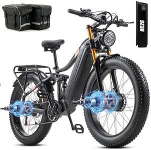 Electric Bike for Adults 3000W Peak AWD Dual Motor 48V 30Ah Battery Up to 90 Miles Long Range 30MPH Mountain E Bikes 26" Fat Tire Off-Road Full Suspension Electric Bicycle, Dual Hydraulic Brakes