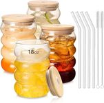 ASHASHA Ripple Drinking Glasses with Bamboo Lids and Glass Straw - 1 Pcs Wave Can Shaped Cups, Beer & Ice Coffee Cute Tumbler Mug Great for Soda Boba Tea Cocktail (Curved)