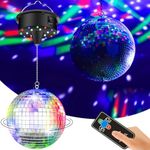 10RPM Disco Ball with Motor and 6Inch Mirror Ball — Plug/Battery Operated Disco Motor with 18 LED Beads 4 Color Lights and Remote Control, for Birthday Party, Back to 70s Theme Party Atomosphere