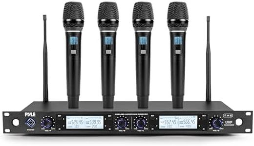 Pyle Wireless Microphone System | Includes 4 Handheld Cordless Mics with 200ft Range | UHF Selectable Frequencies | Rack Mountable Plug & Play Setup | Clear Sound for Churches, Karaoke, Singing