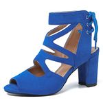 fereshte Womens Gladiator Sandals Strappy Lace Up Hollow Out Chunky High Heels, Royal Blue, 9.5