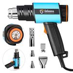 1800W Heat Gun, GoGonova Heavy Duty Soldering Hot Air Gun, Stepless Adjustment 122℉ to 1202℉ with Application Icon, Dual Airflow, Compact Design with 5 Nozzles for Shrink Tubing, Wrap, Crafts(Blue)