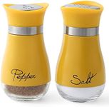 Lonffery Salt and Pepper Shakers Set - Salt Containers for Gifts, Kitchen Decor, Home, RV, Camp, BBQ, 4 oz Farmhouse Spice Dispenser with Glass Bottom, Yellow, Set of 2