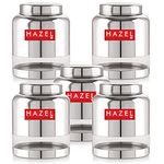 HAZEL Stainless Steel Transparent Container Glossy Finish Airtight See Through Jar Barni Set of 5, 2000 ML, Silver