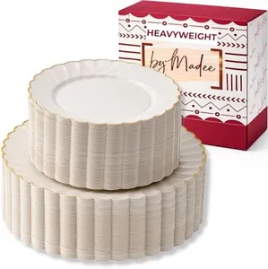 By Madee HIGH END 100 PC Scalloped Ivory and Gold Plates for Thanksgiving Dinner | Fall Plates and Friendsgiving Plates | Thanksgiving Plastic Plates | 50 Dinner Plates and 50 Dessert Plates (Gold)