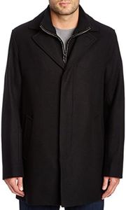 Cole Haan Men's Classic Melton Topper Coat with Faux Leather Details, Black, Medium