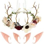 Deer Flower Crown and 2 Pairs Elf Ears Set, Fairy Crown Boho Flower Headband Hair Wreath Floral Headpiece with Ribbons Fairy Ears Soft Pointed Ears Tips Cosplay Accessories for Party Dress Up Costume