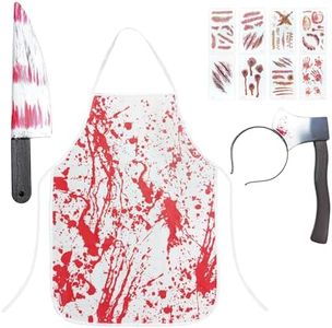 Rotumaty Halloween Costumes Headband Apron Kit - Axe Headband Bloody Butcher Apron Fake Knife Scary Tattoos Zombie Costume Halloween Props Party Cosplay for Women Adults Men