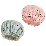 AOOWU Shower Caps, 2 Pack Waterproof Bath Caps Large Reusable Shower Hats, Elastic Band Double Layers Hair Bath Caps with Soft Ruffled Edge for Women Girls Ladies Spa Salon Home Use