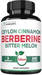 Berberine 1500mg Supplement with Organic Ceylon Cinnamon Bark & Bitter Melon - 240 Vegan Capsules 80 Servings for Immune System, Heart Health, Body Management & Gastrointestinal Function Support