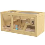 PawHut Wooden Hamster Cage with Water Bottle, Small Animal Exercise Play House with Platforms, Openable Roof, Sliding Tray, Hut, Seesaws, Natural Wood Finish