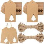 G2PLUS Brown Christmas Labels Tags, 100 PCS Kraft Christmas Tags for Presents, Xmas Tags with String for Christmas Presents, Gift Wrapping Decorating