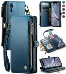 Defencase Wallet Case Compatible with iPhone XR with RFID Blocking Card Holder Slot for Women and Men, Fashion PU Leather Magnetic Snap Flip Zipper Strap Phone Case Suitable for iPhone XR, Dark Blue