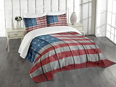 ABAKUHAUS Etats-Unis Couvre-lit Matelassé, Style de Drapeau américain Worn, Décoratif 3 Pièces avec 2 Taies d'Oreillers, King, Gris Clair Bleu Rouge