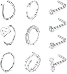 NIUSIMAN piercing nez,10 pièces piercing nez acier chirurgical argenté Set anneaux nasaux avec CZ coeur piercing nez anneaux 20G(0.8mm) fin L forme bijoux piercing pour hommes et femmes