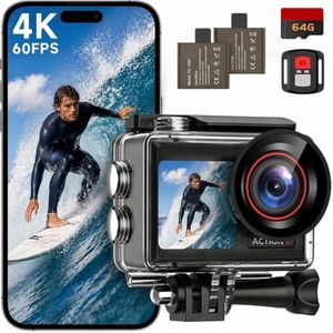 syndesmos Action Camera 4K 60FPS, 40M Ultra HD Underwater Camera, 30MP EIS Anti-Shake WiFi Action Cam with Dual Touch Screen, 64GB Card, Remote Control, Waterproof Case and Mounting Accessories Kit