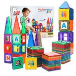 Playmags 100 3D Magnetic Blocks Set For Kids - Learn Shapes, Colors, & Alphabets - STEM Stronger Magnets Toys - Magnetic Building Blocks - Colorful & Durable Magnetic Tiles For Kids & Idea Book