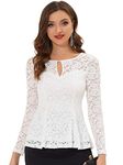 Allegra K Women's Lace Tops Keyhole Front Peplum Hem Sheer Long Sleeve Blouse, White, Large