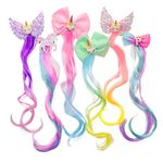 Hair Clips for Girls, 6pcs Little World Curly Hair Clips Hair Extensions Clip in Kids - 33cm Rainbow Hair Clips Hair Extensions for Kids, Curly Clip in Hair Extensions with Cute Unicorn Bow for Girls