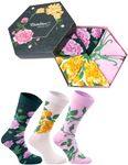 Rainbow Socks - Women Flower Socks Box Gift - 3 Pairs - White Roses Purple Roses Yellow Flowers - Size 4-7