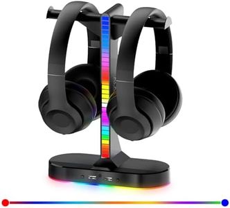 RGB Dual Headphone Stand with USB Charger Double Gaming Headset Holder Hanger Rack with 2USB Port and 3.5mm Audio port RGB LED Light for All Headphones Gamer Table PC Game Earphone Accessories Gifts