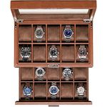 ROTHWELL 20 Slot Leather Watch box - Luxury Case Display Jewelry Organizer, Locking Holder with Large Real Glass Top Organizer for Men and Women (Tan/Brown)