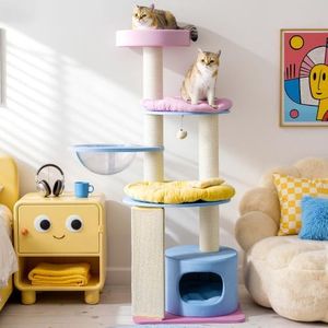 Sopapets Modern Wood Cat Tree Tower for Large Cats, Wooden Cat Tower with Scratching Posts, Hammock, Oversized Perch and Private Condo for Indoor Cats, Pastel