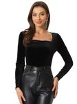 Allegra K Velvet Top for Women Halloween Costume Square Neck Long Sleeves Solid Casual T-Shirt Saree Blouse Black XL