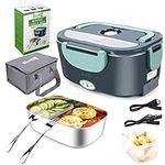 Budth Electric Lunch Box,80W Portable Heated Lunch Box Leak-Proof Food Warmer for Car Truck Home Office, 12V 24V 110V Adapter,with SS Fork & Spoon and Carry Bag (Grey+Green)