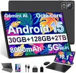 JVVQTB Tablet 10 Inch Android 15 Octa Core 30GB RAM + 128GB ROM (2TB TF) | 5G + 2.4G WiFi | 8000mAh | FHD | Bluetooth 5.0 | GPS | 8MP + 5MP | Type C, Keyboard and Mouse - Black