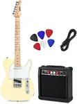 LyxPro 39” Electric Guitar TL Series Kit, 20 Watt Amp Speaker, Solid Full-Size Body, C-Shape Neck, Quality Tuning Heads, 3-Way Switch & Volume/Tone Controls, 12 Picks And Cable Included - White