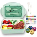 Lunch Box, Bento Lunch Box with Compartments, 1400ML Leakproof, Lunch Box with Set of 40 Food Picks and 4 Sauce Pots, BPA Free (Green)