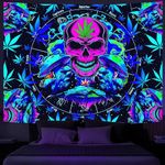 Blacklight Trippy Skull Weed Tapestry UV Reactive, Constellation Astrology Black Light Tapestry Psychedelic Cannabis Marijuana Leaf Mushroom Tapestry for Men Tarot Witchy Aesthetics Tapestry, 90X70IN