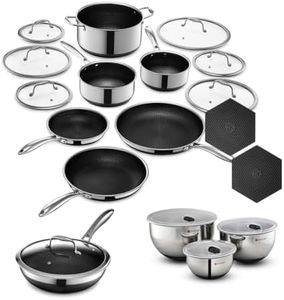 HexClad Hybrid Nonstick 19-Piece Cookware Set, 2, 3, and 8Qt Pots with Lids, 2 Silicone Trivets, 8", 10", and 12" Pans with Lids, 3-Piece Mixing Bowl Set, and 14" Wok with Lid, Stay-Cool Handles
