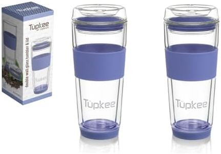 Tupkee Double Wall Glass Tumbler - 14-Ounce, All Glass Reusable Insulated Tea/Coffee Mug & Lid, Hand Blown Glass Travel Mug - Jacaranda - 2 Pack