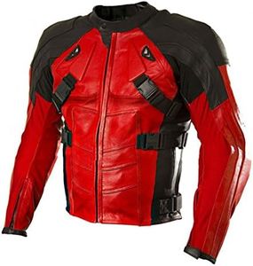 LP-FACON Mens DP Sport Motorcycle Riding Jacket | Racer Protective Armor Padded Biker Leather Jacket, Dpool Red & Black, Small