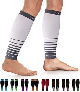 NEWZILL Calf Compression Sleeve for Men & Women | Footless Compression Socks for Shin Splint Relief, Varicose Veins | Leg Sleeve for Running, Travel, Nursing, Work, Fitness (S/M i-White/Grey 1Pair)
