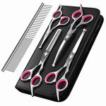 Pawaboo Dog Grooming Scissors Kit 5 Pack, Safety Round Tip Stainless Steel Titanium Coated Pet Grooming Trimmer Set, Thinning/Straight/Curved Shears and Comb with Case for Small Large Pet Dog Cat