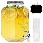 Amgkonp Glass Beverage Dispenser - 1 Gallon Drink Dispensers with Fruit Infuser and Chalkboard,Juice Dispenser,Stainless Steel Lids-100% Leakproof Spigot-Parties