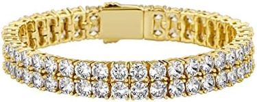 JINAO 2 Rows AAA Cubic Zirconia Iced Out Tennis Bling Lab Simulated Diamond Bracelet (9" Gold)